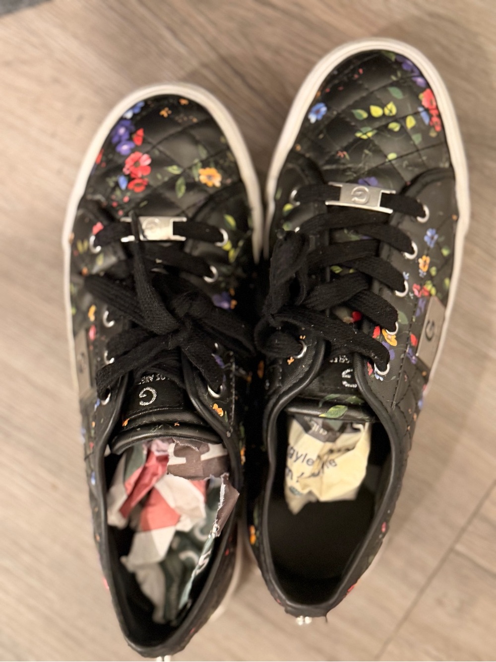 Guess Black Quilted Sneakers with Multicolor Floral Accents